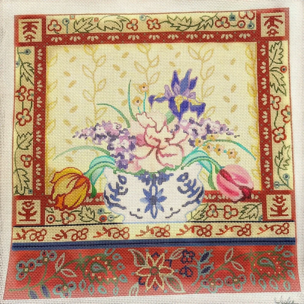 Julie Persian Peony Hand Painted Needlepoint Canvas Floral Vase 132863 Vintage